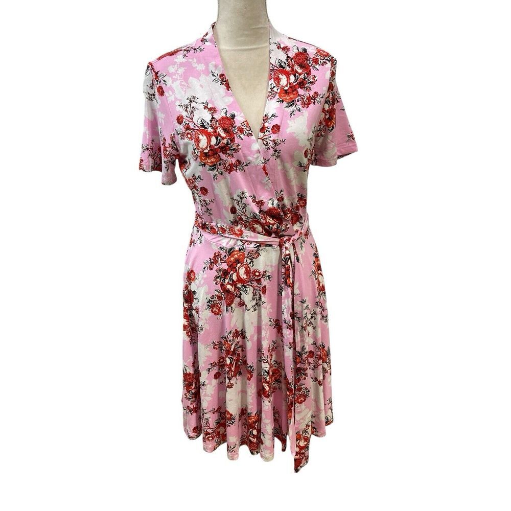 Venus Dress M‎ Floral Fit Flare Full Skirt V-Neck Belt Pink Red Black Faux Wrap